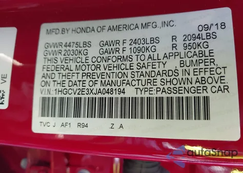 2018 Honda Accord Sport 2.0T из США, поврежденный, VIN 1HGCV2E3XJA048194